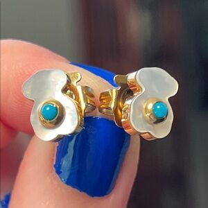 VTG Teddy Bear Mother of Pearl Turquoise Gold Plated Earrings - Style of Tous